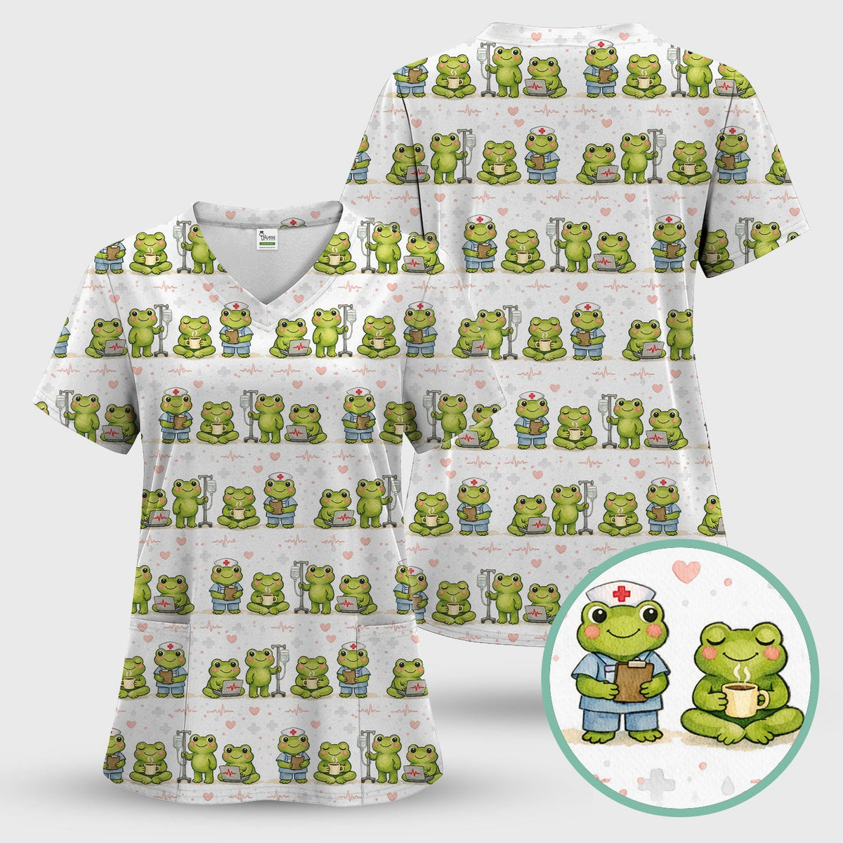 Adorable Frog Nurse Various Poses Print Scrub Top, Comfortable Scrubs for Nurses