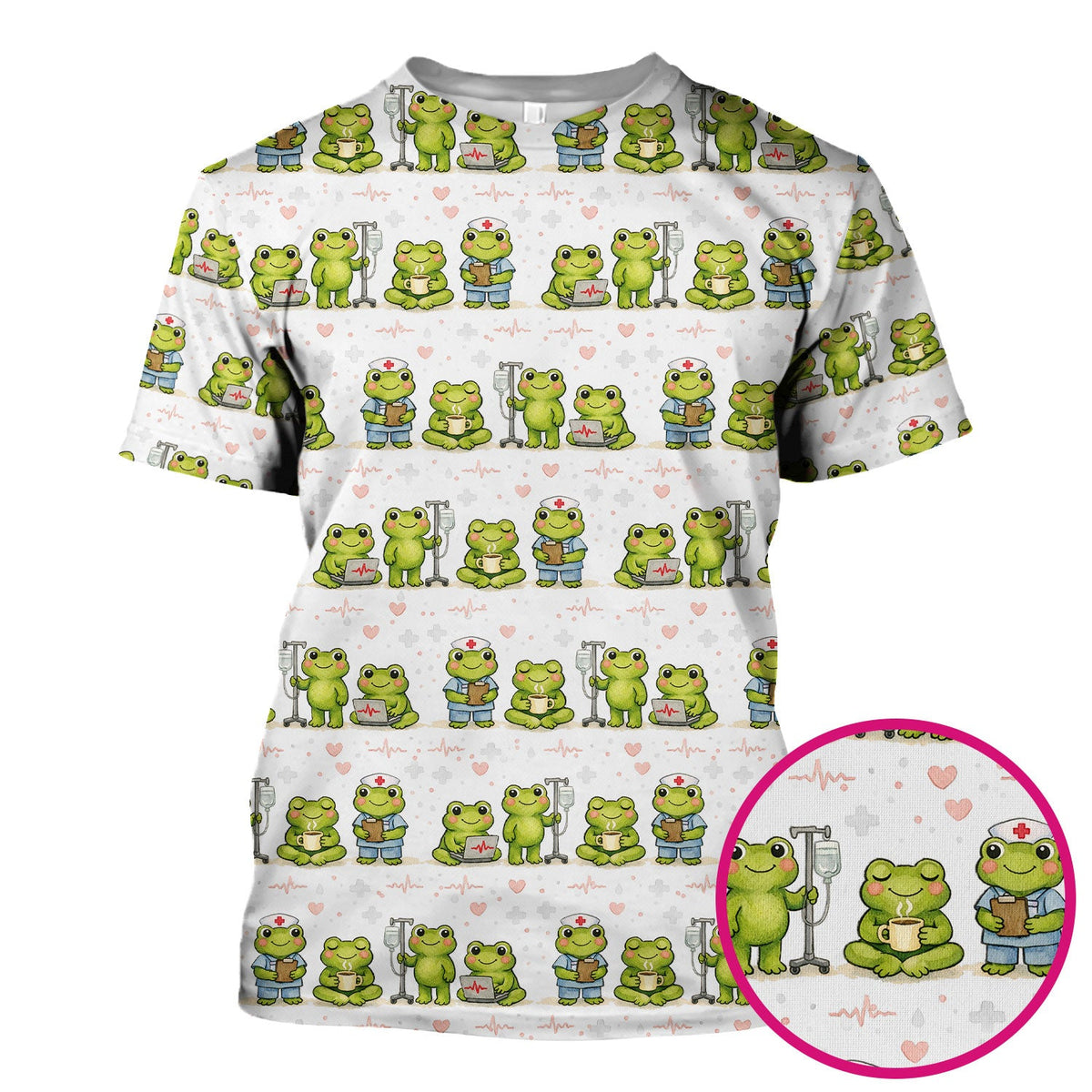 Adorable Frog Nurse Various Poses Print Scrub Top, Comfortable Scrubs for Nurses