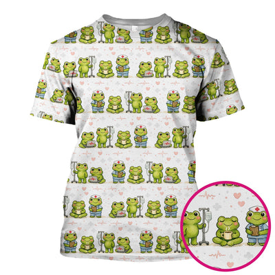 Adorable Frog Nurse Various Poses Print Scrub Top, Comfortable Scrubs for Nurses
