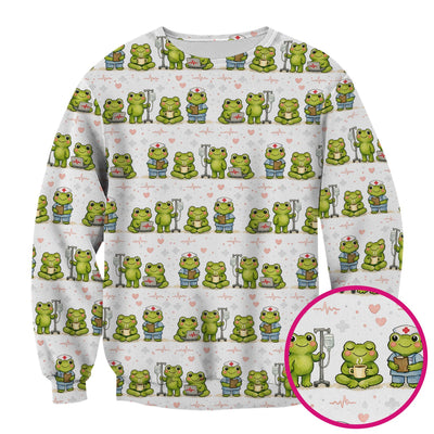 Adorable Frog Nurse Various Poses Print Scrub Top, Comfortable Scrubs for Nurses