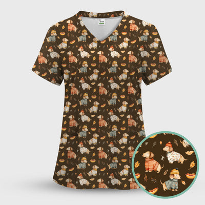 Autumn Dachshund Dog Sweater Print Scrub Top, Comfortable Scrubs for Nurses