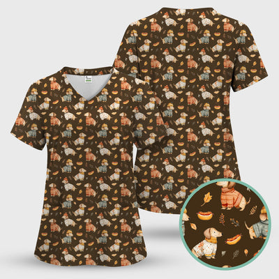 Autumn Dachshund Dog Sweater Print Scrub Top, Comfortable Scrubs for Nurses