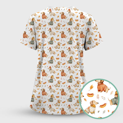 Autumn Dachshund Dog Sweater Print Scrub Top, Comfortable Scrubs for Nurses