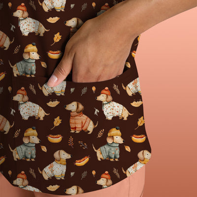 Autumn Dachshund Dog Sweater Print Scrub Top, Comfortable Scrubs for Nurses