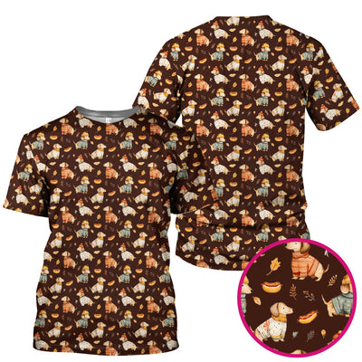 Autumn Dachshund Dog Sweater Print Scrub Top, Comfortable Scrubs for Nurses