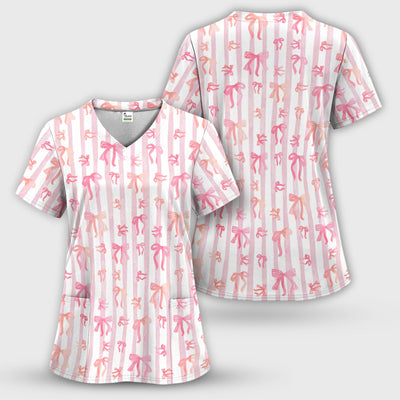 Pink Bow Stripe Pattern Print Scrub Top, Comfortable Scrubs for Nurses