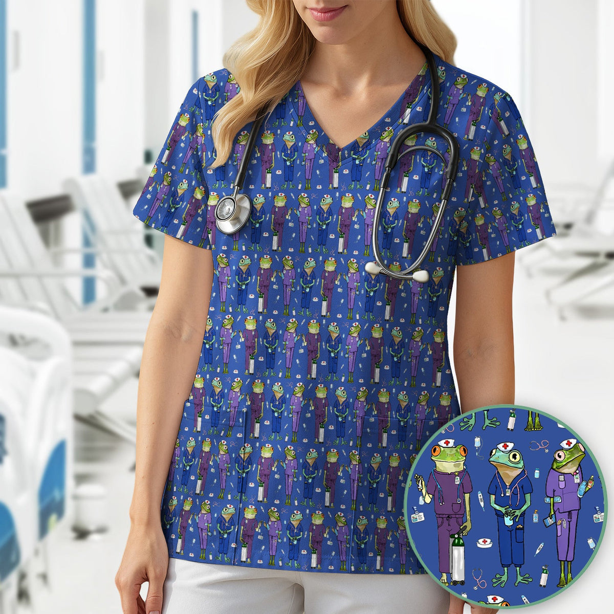 Funny Frog Nurse Pattern V Neck Scrub Top for Healthcare Workers