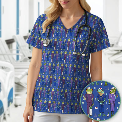 Funny Frog Nurse Pattern V Neck Scrub Top for Healthcare Workers