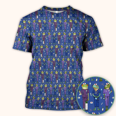 Funny Frog Nurse Pattern V Neck Scrub Top for Healthcare Workers