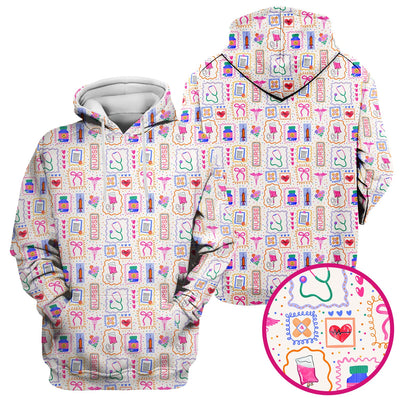 Colorful Nurse Medical Icon Pattern Scrub Top, Comfortable Scrubs for Nurses