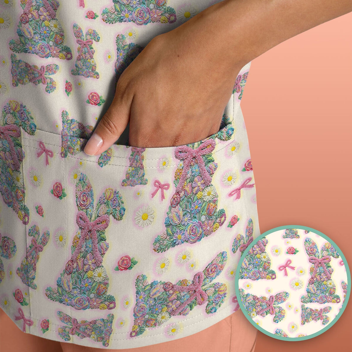 Colorful Floral Bunny with Pink Bow Pattern Scrub Top, Breathable Fabrics Nursing Uniform, Easter