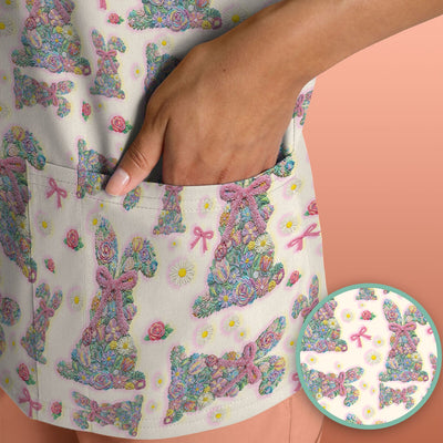 Colorful Floral Bunny with Pink Bow Pattern Scrub Top, Breathable Fabrics Nursing Uniform, Easter