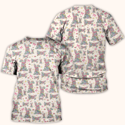 Colorful Floral Bunny with Pink Bow Pattern Scrub Top, Breathable Fabrics Nursing Uniform, Easter