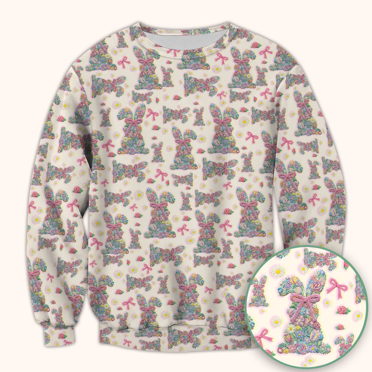 Colorful Floral Bunny with Pink Bow Pattern Scrub Top, Breathable Fabrics Nursing Uniform, Easter