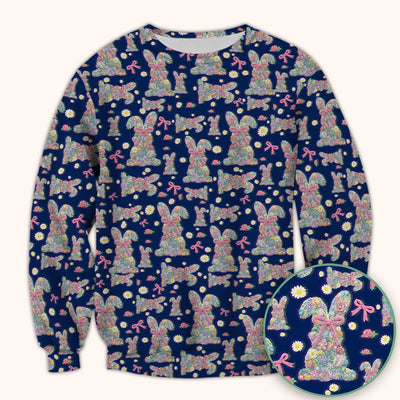 Colorful Floral Bunny with Pink Bow Pattern Scrub Top, Breathable Fabrics Nursing Uniform, Easter