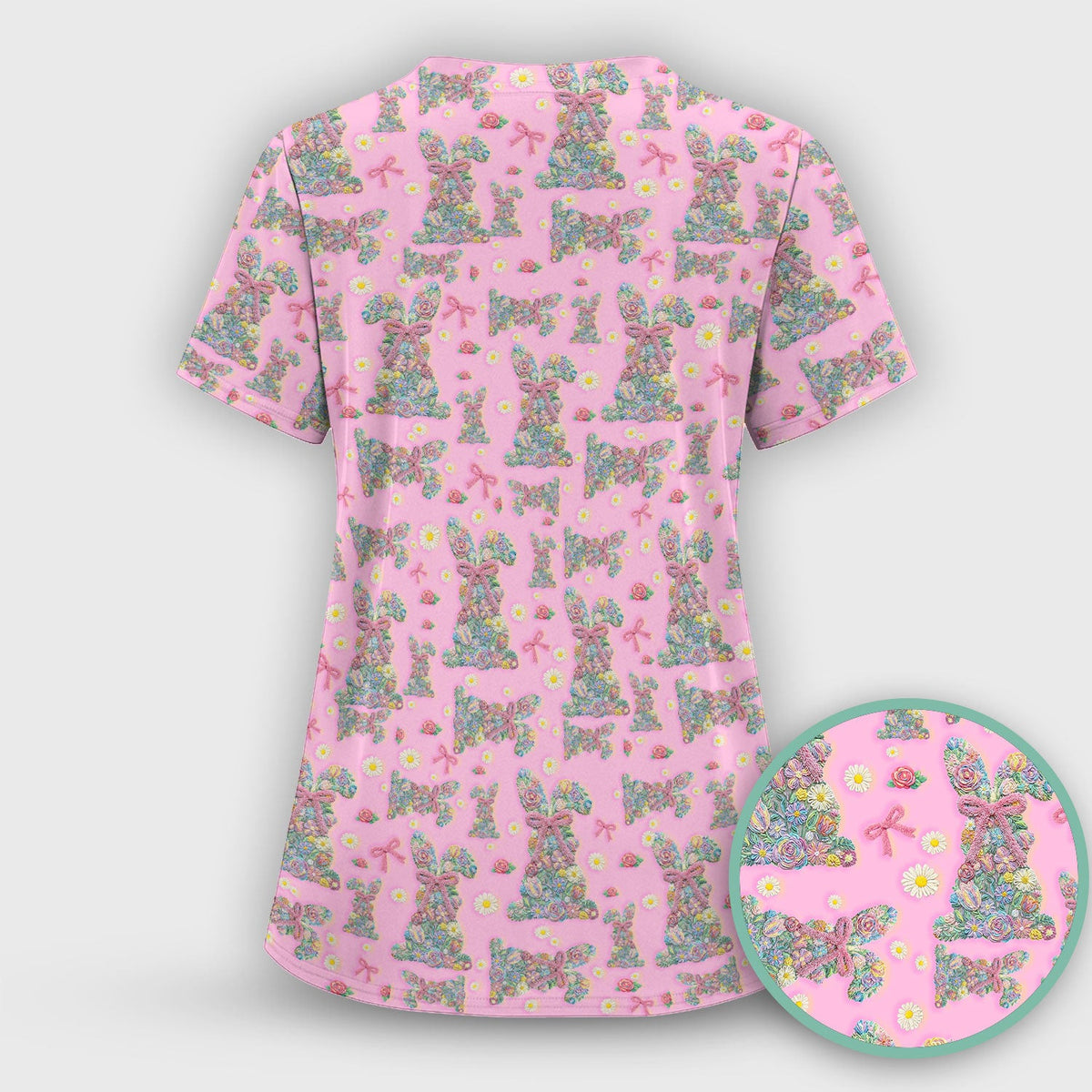 Colorful Floral Bunny with Pink Bow Pattern Scrub Top, Breathable Fabrics Nursing Uniform, Easter