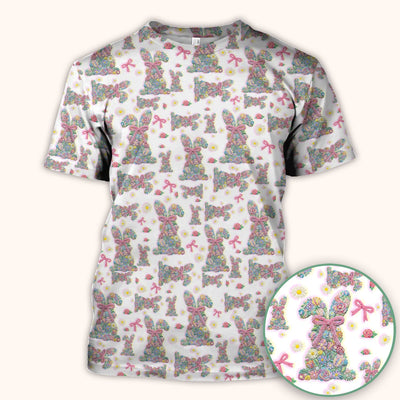 Colorful Floral Bunny with Pink Bow Pattern Scrub Top, Breathable Fabrics Nursing Uniform, Easter