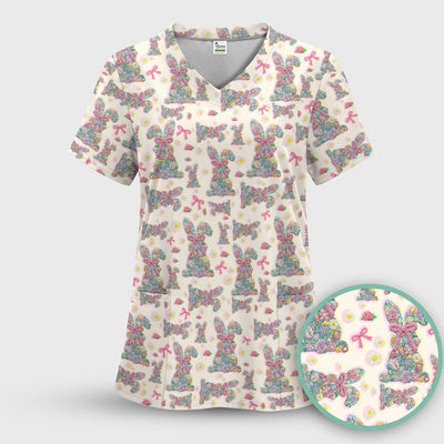 Colorful Floral Bunny with Pink Bow Pattern Scrub Top, Breathable Fabrics Nursing Uniform, Easter