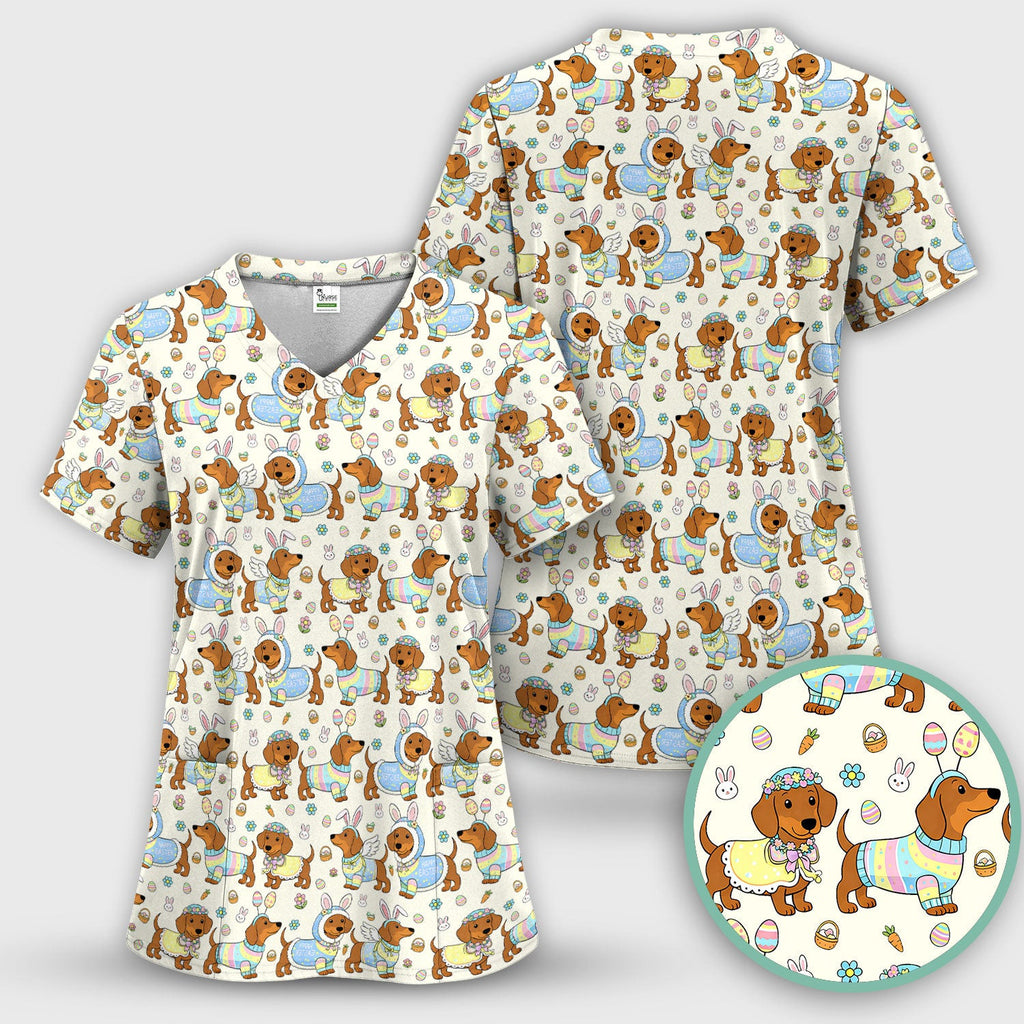 Easter Dachshund Bunny Print Scrub Top, Breathable Fabrics Nursing Uniform