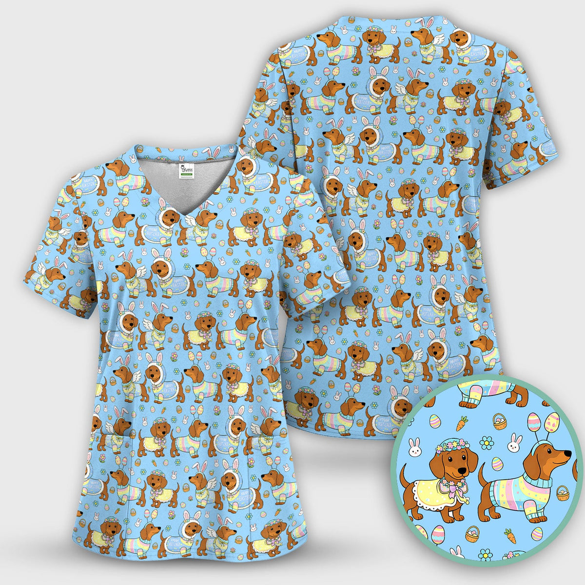 Easter Dachshund Bunny Print Scrub Top, Breathable Fabrics Nursing Uniform