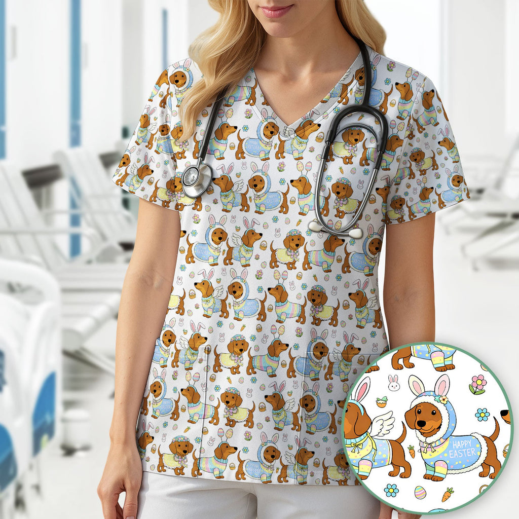 Easter Dachshund Bunny Print Scrub Top, Breathable Fabrics Nursing Uniform