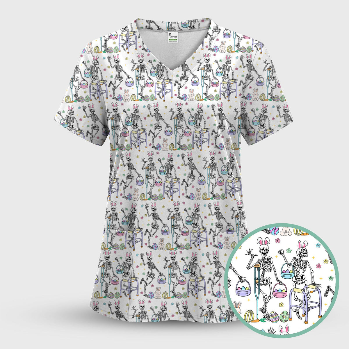 Fun Skeleton Bunny Easter Print Scrub Top, Comfortable Scrubs for Nurses