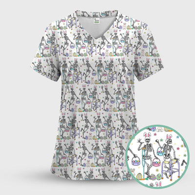 Fun Skeleton Bunny Easter Print Scrub Top, Comfortable Scrubs for Nurses