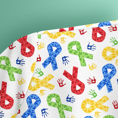 Multicolor Ribbon Pattern Print Scrub Top, Soft & Breathable Nurse Scrubs