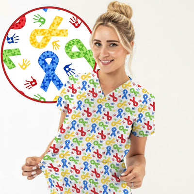 Multicolor Ribbon Pattern Print Scrub Top, Soft & Breathable Nurse Scrubs