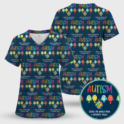Autism Seeing The World From A Different Angle Birds Scrub Top ,Comfortable Scrubs for Nurses