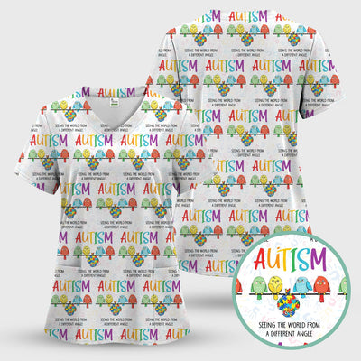Autism Seeing The World From A Different Angle Birds Scrub Top ,Comfortable Scrubs for Nurses