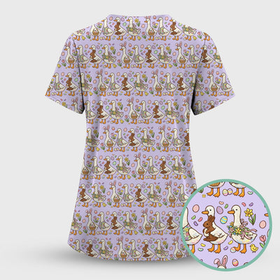 Easter Theme Duck and Bunny Egg Floral Print Scrub Top, Comfortable Scrubs for Nurses
