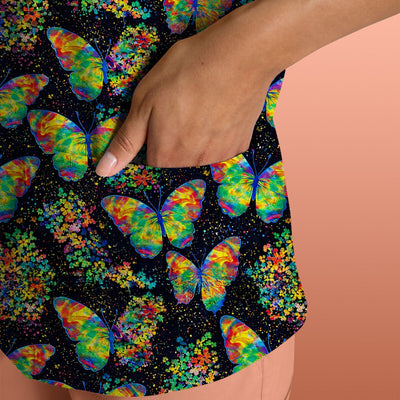 Rainbow Butterfly Galaxy Pattern Scrub Top, Comfortable Scrubs for Nurses