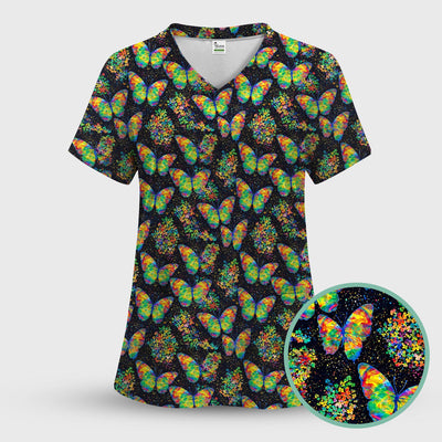 Rainbow Butterfly Galaxy Pattern Scrub Top, Comfortable Scrubs for Nurses