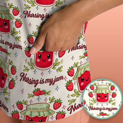 Cute Strawberry Jam Nurse Pattern Scrub Top, Breathable Fabrics Nursing Uniform