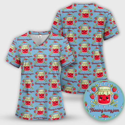 Cute Strawberry Jam Nurse Pattern Scrub Top, Breathable Fabrics Nursing Uniform