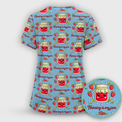 Cute Strawberry Jam Nurse Pattern Scrub Top, Breathable Fabrics Nursing Uniform