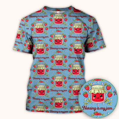 Cute Strawberry Jam Nurse Pattern Scrub Top, Breathable Fabrics Nursing Uniform