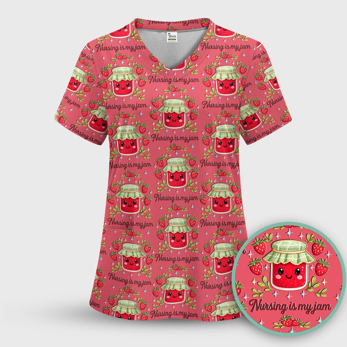 Cute Strawberry Jam Nurse Pattern Scrub Top, Breathable Fabrics Nursing Uniform