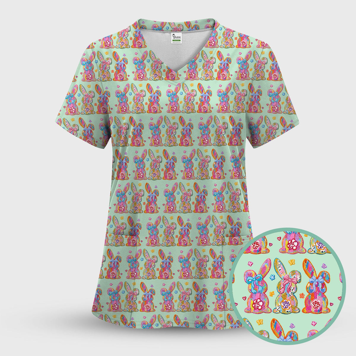 Cute Pastel Bunny Floral Pattern Scrub Top, Comfortable Scrubs for Nurses, Easter