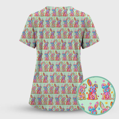 Cute Pastel Bunny Floral Pattern Scrub Top, Comfortable Scrubs for Nurses, Easter