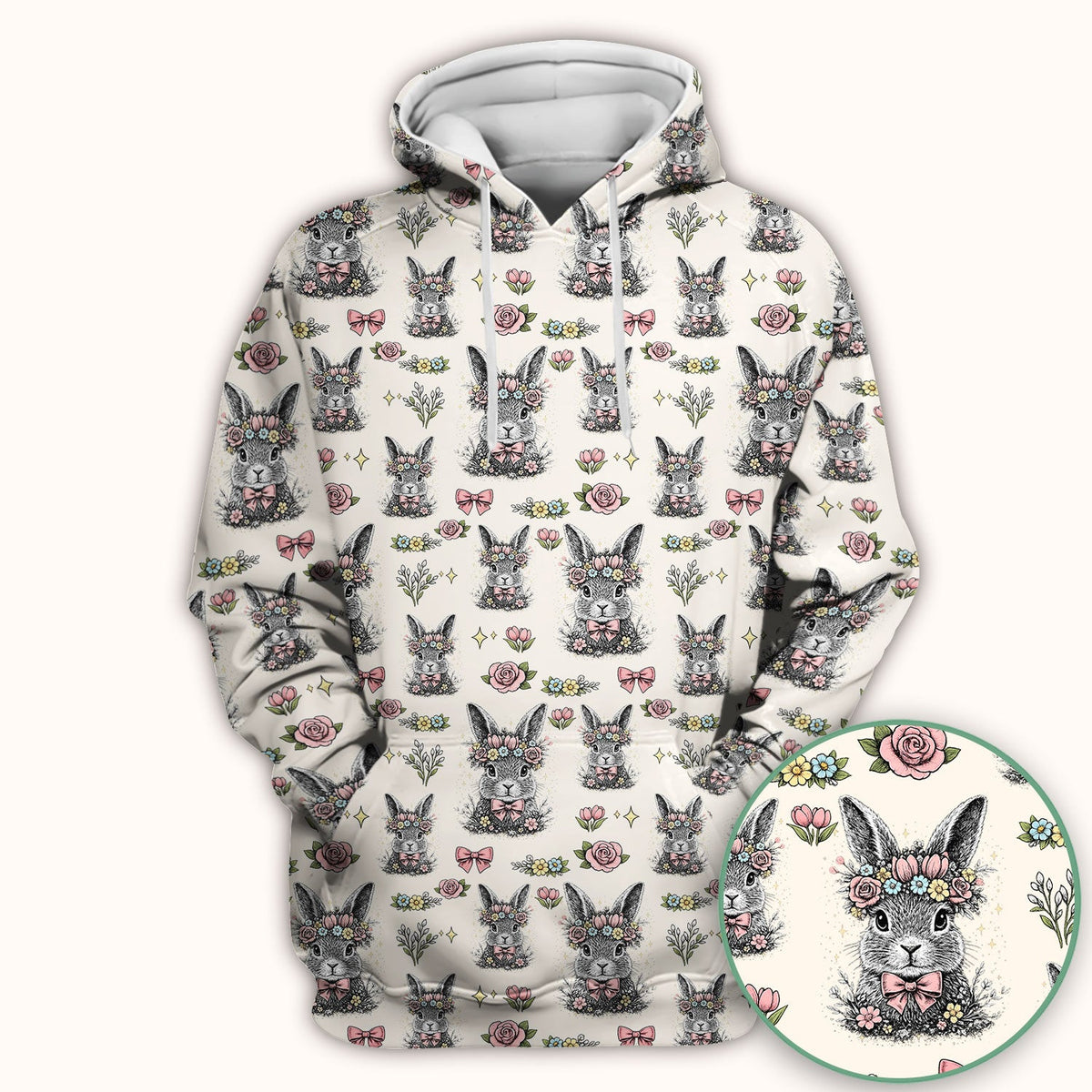 Easter Vintage Floral Bunny Print Scrub Top, Comfortable Scrubs for Nurses