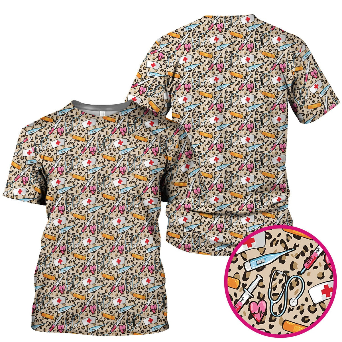 Leopard Medical Tools Pink Heart Print Scrub Top, Comfortable Scrubs for Nurses