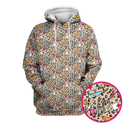 Leopard Medical Tools Pink Heart Print Scrub Top, Comfortable Scrubs for Nurses