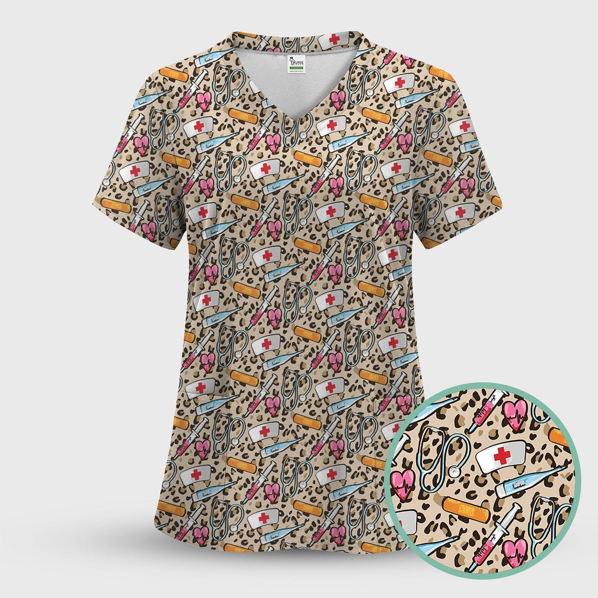 Leopard Medical Tools Pink Heart Print Scrub Top, Comfortable Scrubs for Nurses