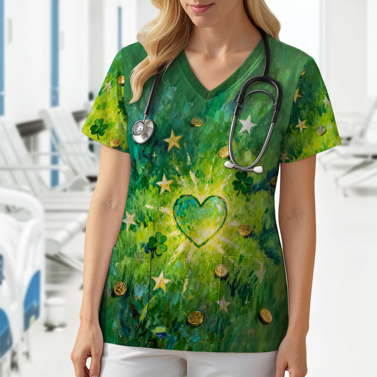 St. Patrick Lucky Shamrock Heart Scrub Top, Comfortable Scrubs for Nurses