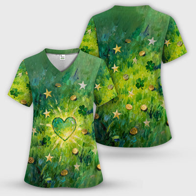 St. Patrick Lucky Shamrock Heart Scrub Top, Comfortable Scrubs for Nurses