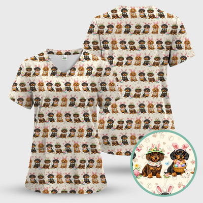 Cute Easter Dachshund Dog Bunny Print Scrub Top, Breathable Fabrics Nursing Uniform