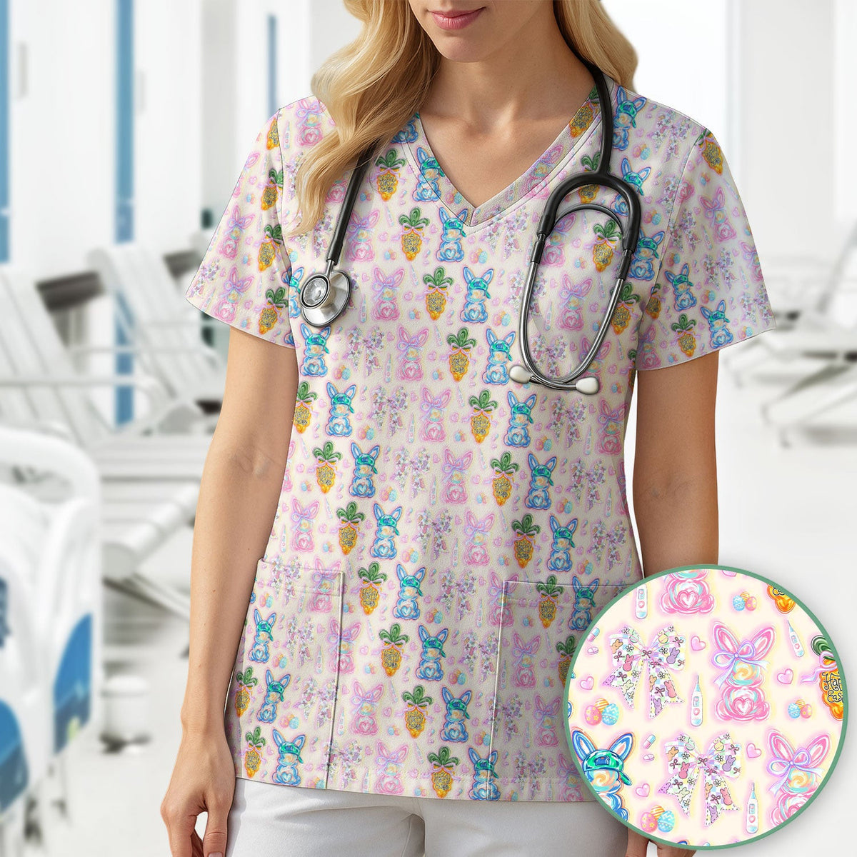 Easter Bunny Carrot Bow Floral Print Scrub Top, Comfortable Scrubs for Nurses