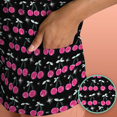 Pink Cherry Sparkle Print Scrub Top, Comfortable Scrubs for Nurses
